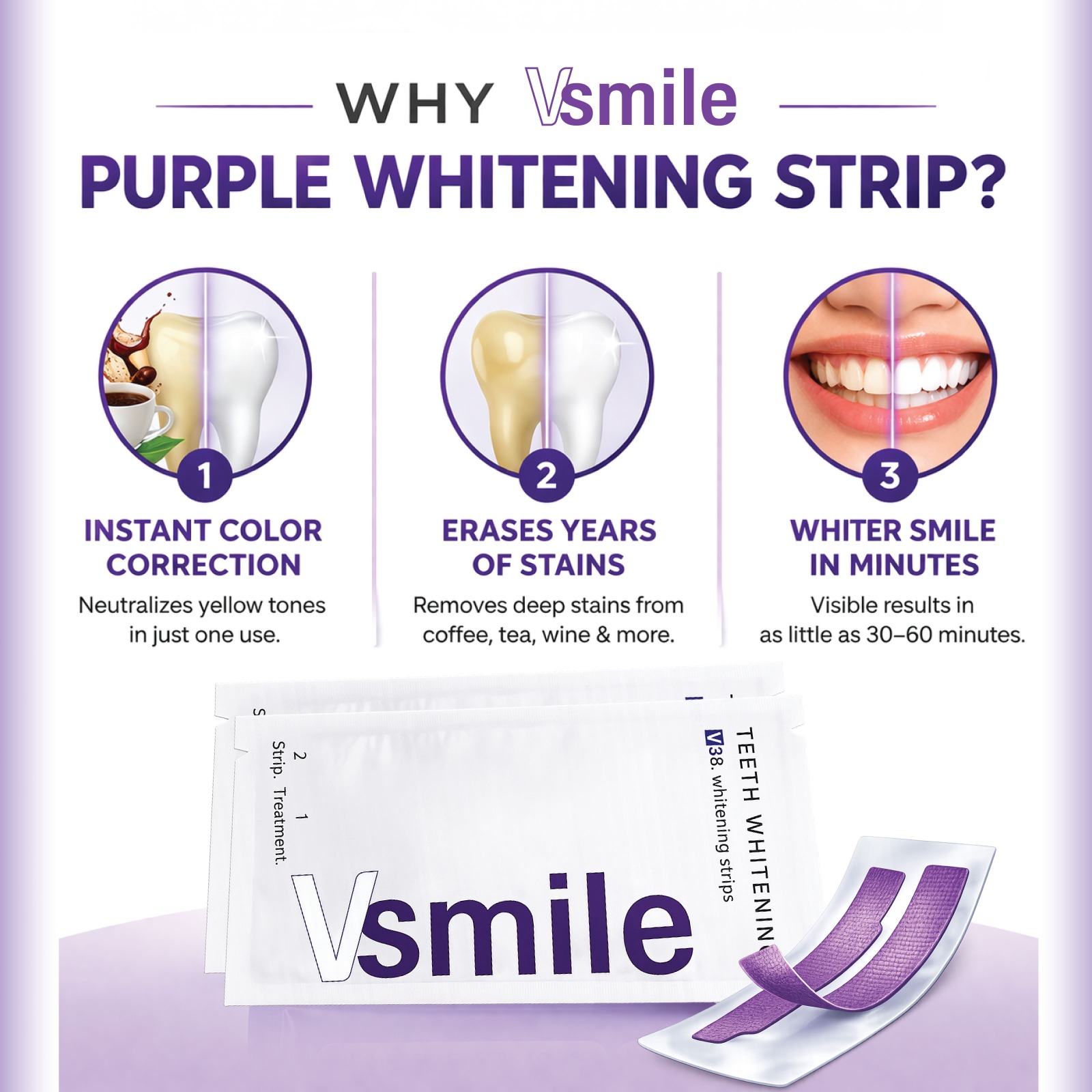 Step 1 — apply VSmile V38 purple whitening strips to teeth